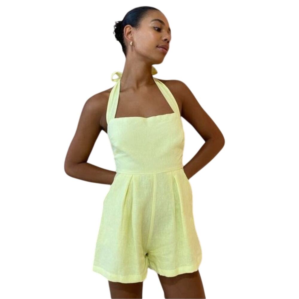 Rumer The Label Quinn Yellow Linen Halter Skort Romper Playsuit XS NWT
